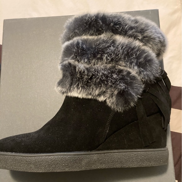 Black Suede and Grey Fur Stiletto Boots - Picture 3 of 10